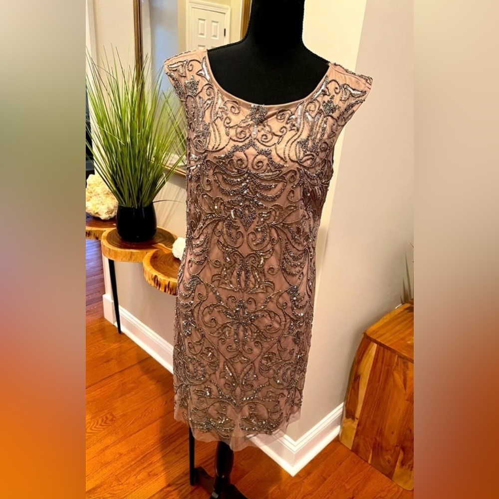 Adrianna Papell elegant beadwork dress tan and silver. Size 14P.